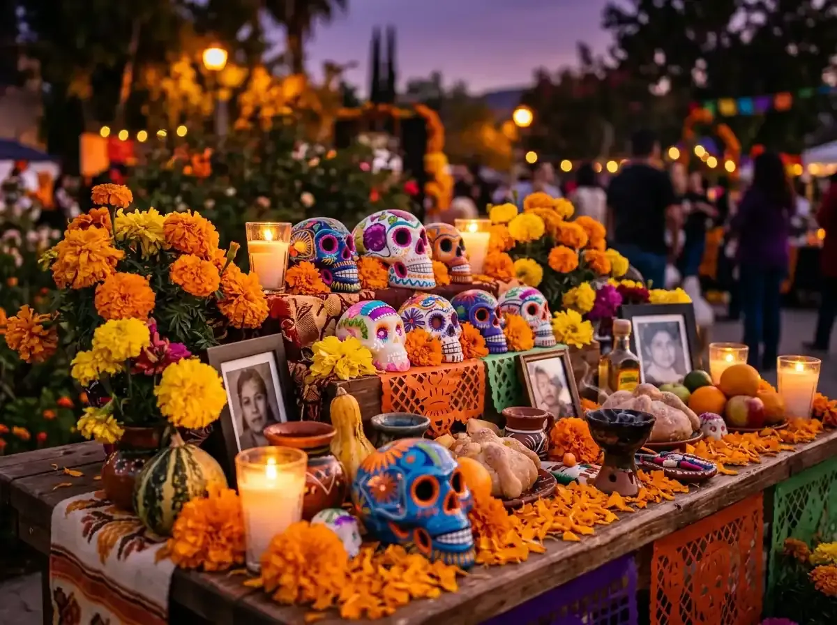A Dia de los Muertos altar on display at a public festival.